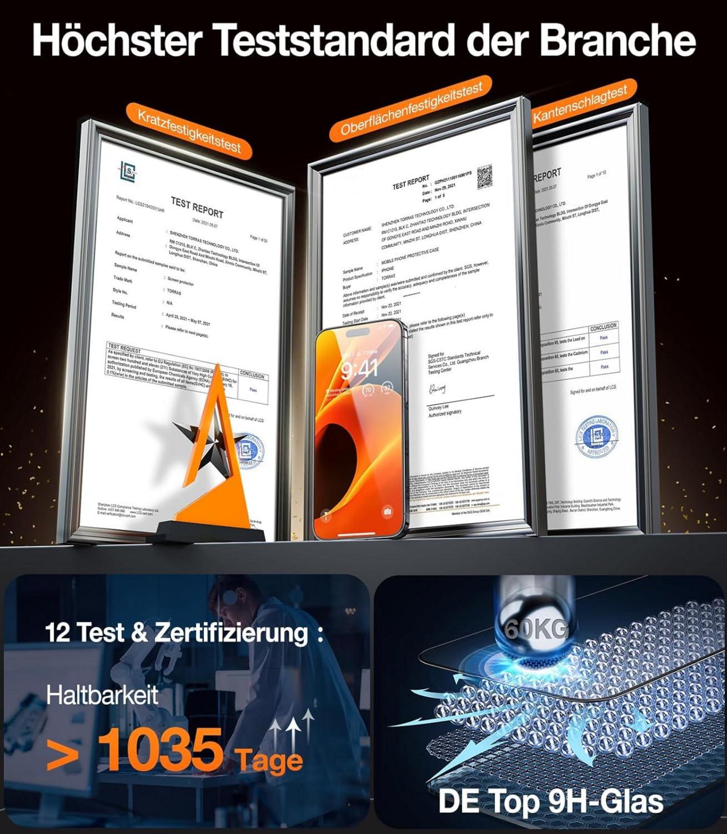 TORRAS iPhone 15 Pro Max Panzerglas Schutzfolie 9H+ 2 Stück