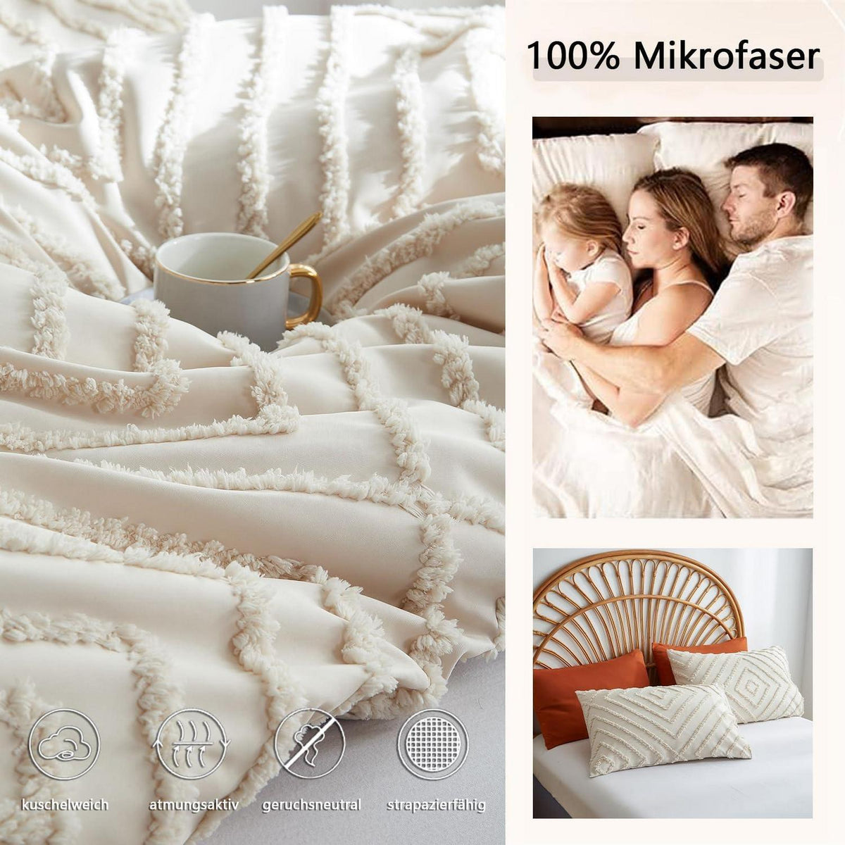 Beige Boho Bettwäsche-Set 135x200 mit Getuftung