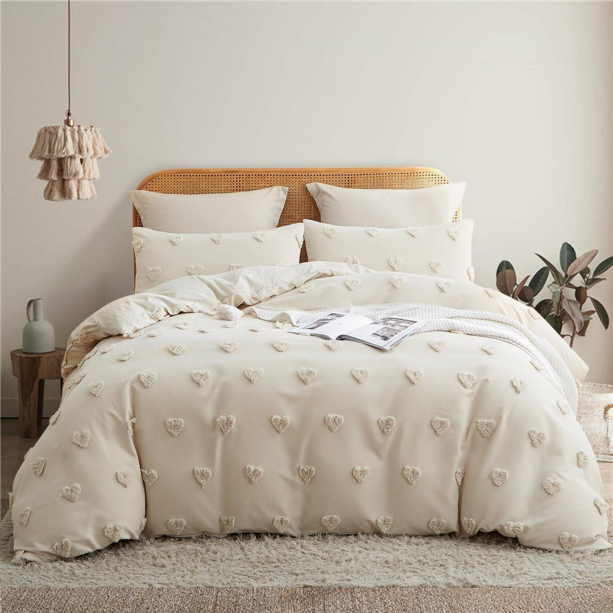 Boho Bettwäsche-Set 220x240 Beige Getuftet Herz