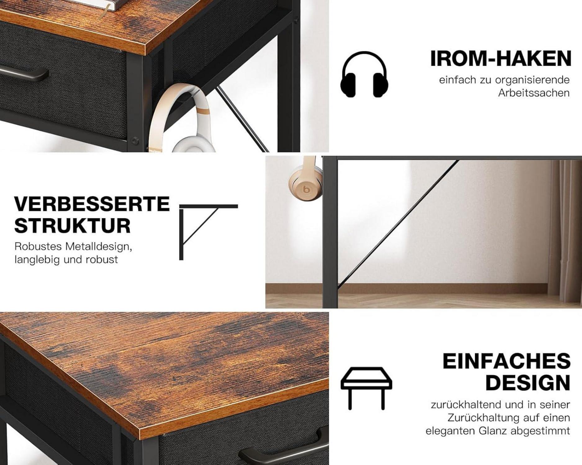 ODK Schreibtisch 2 Schubladen Kopfhörerhalter Braun 100x40cm