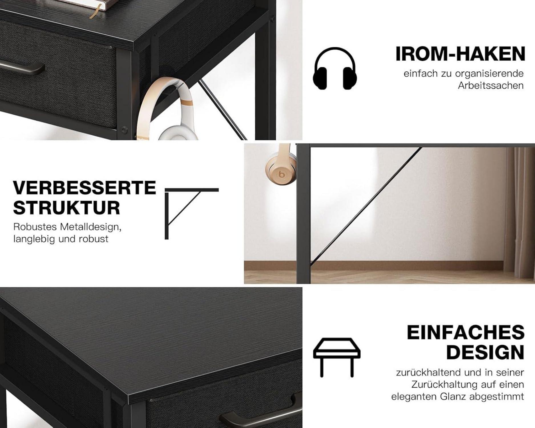 Kleiner Schreibtisch 2 Schubladen Kopfhörerhalter Bürotisch PC Tisch Schwarz