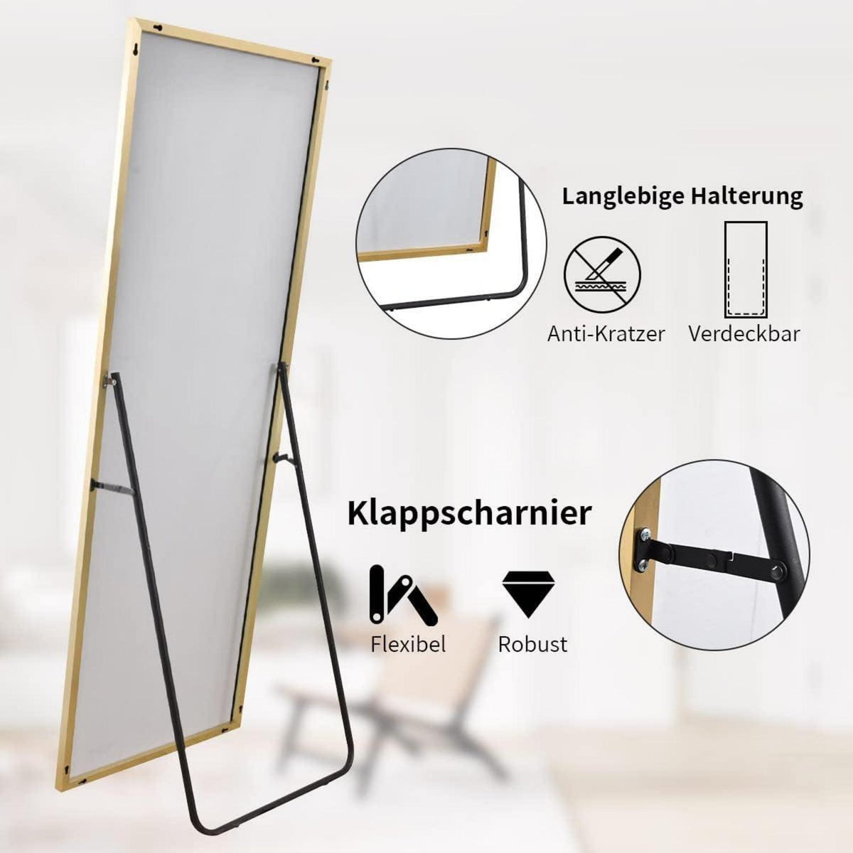 Ganzkörperspiegel Standspiegel Gold | 163x53cm, Minimalistisch