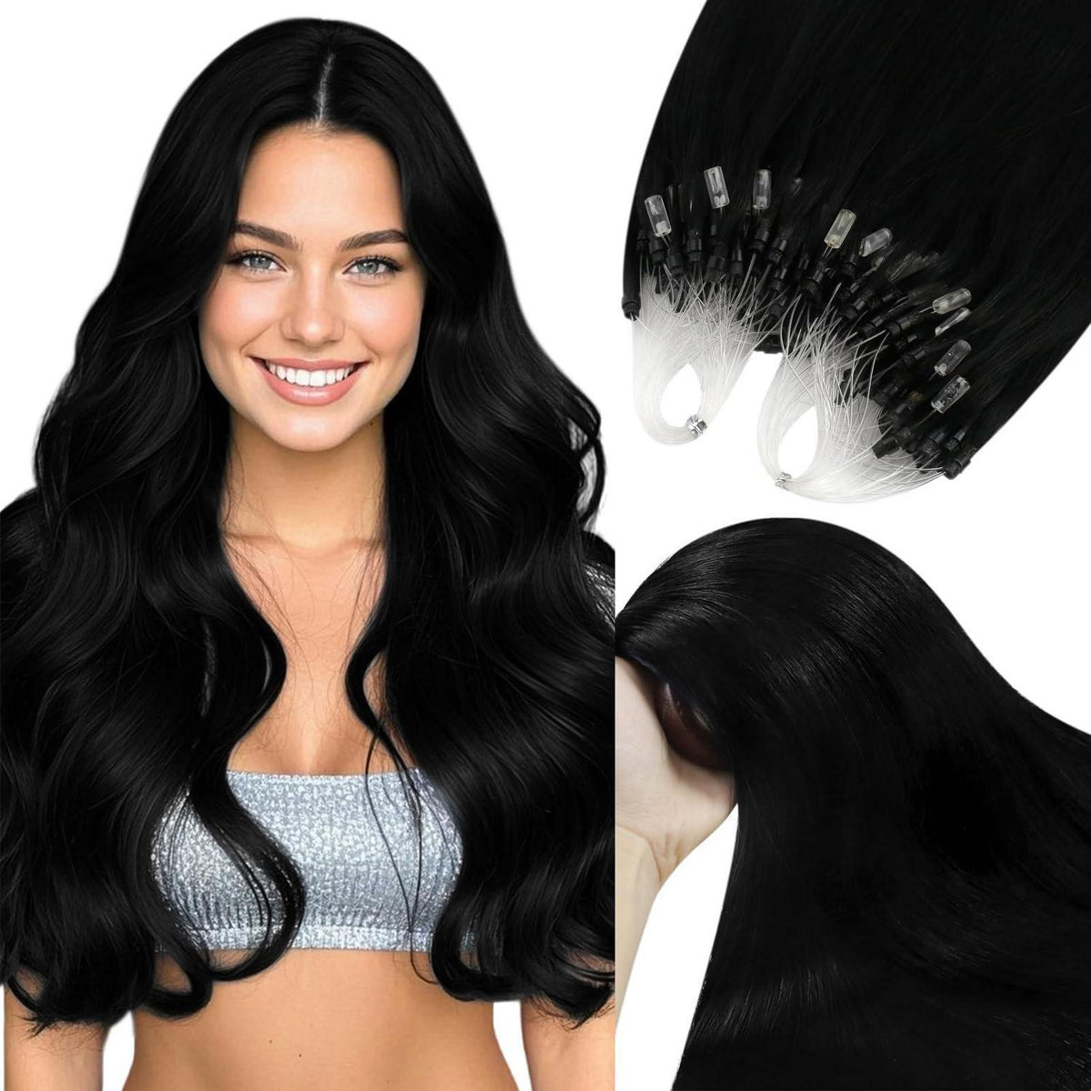 Echthaar Haarverlängerung Schwarz 60cm - Micro Ring Extensions