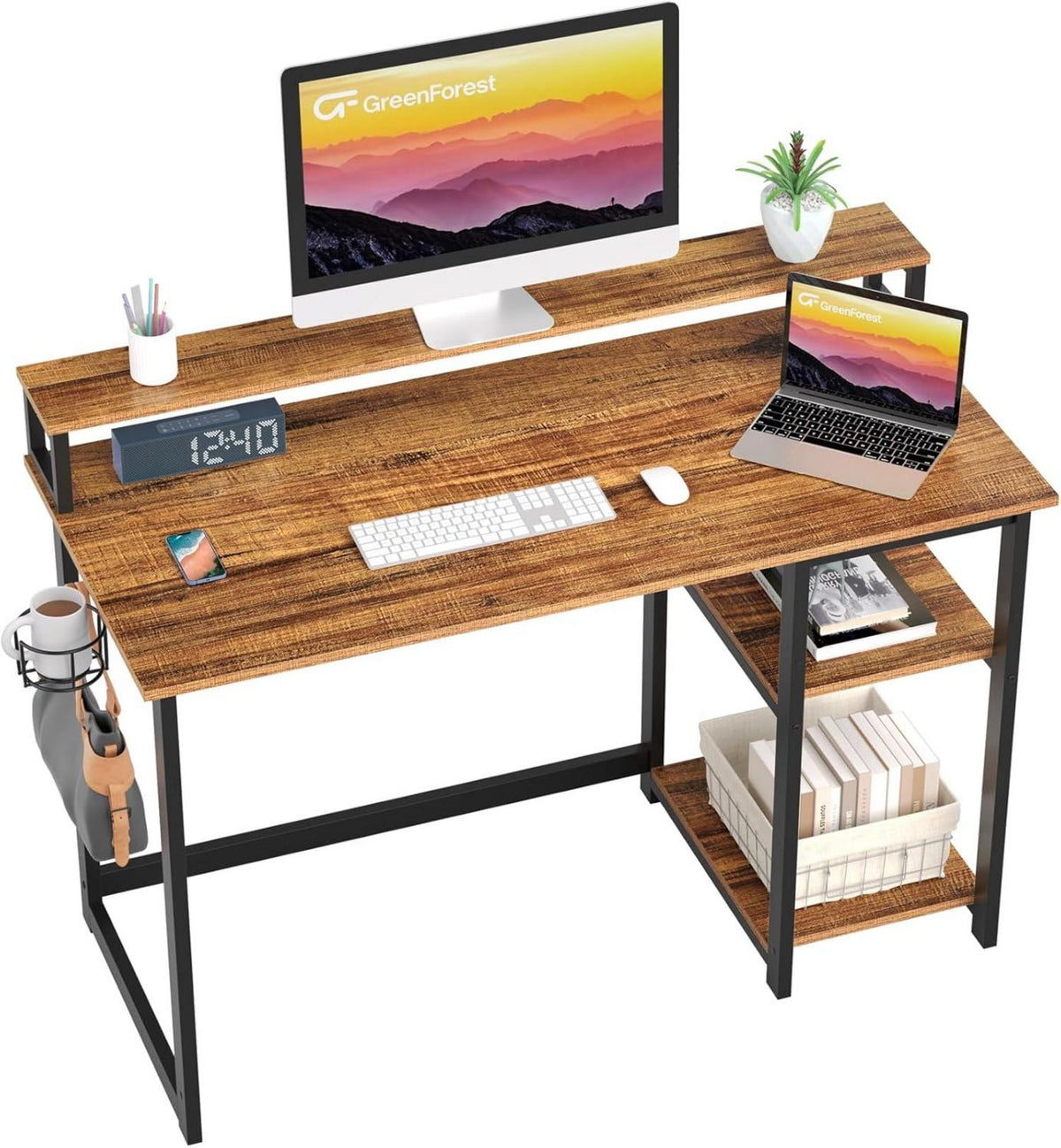 Moderne Schreibtisch mit Regal und Monitorständer, Braun