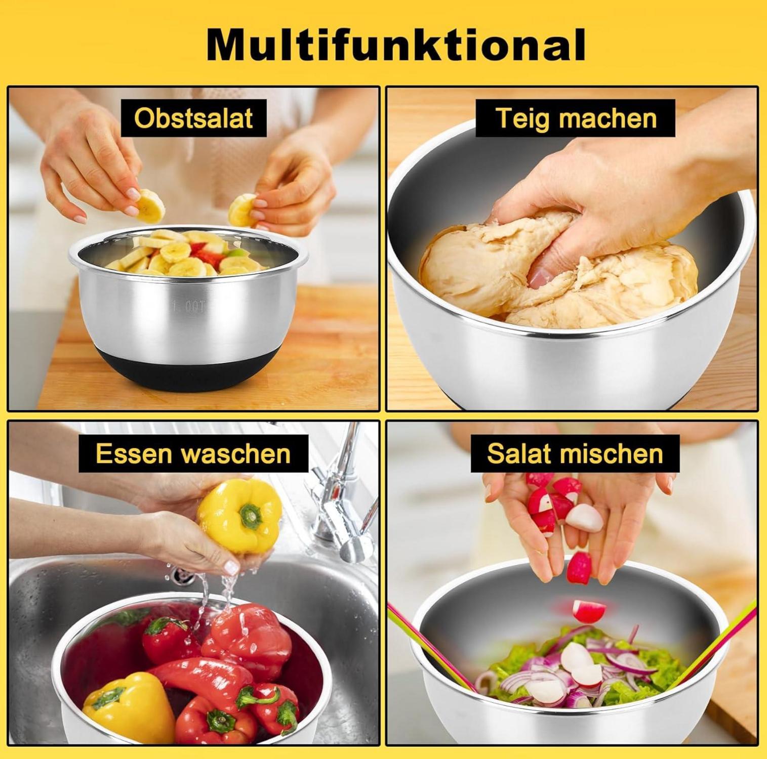 Edelstahl Rührschüssel Set 3er Stapelbar Salatschüssel 4 2 1 QT