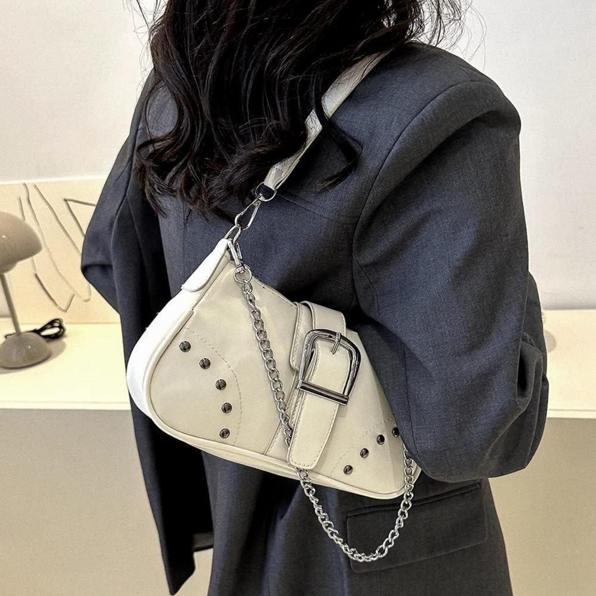 Umhängetasche Damen Klein Hobo Vintage Y2k Schultertasche A-weiß in Lederoptik