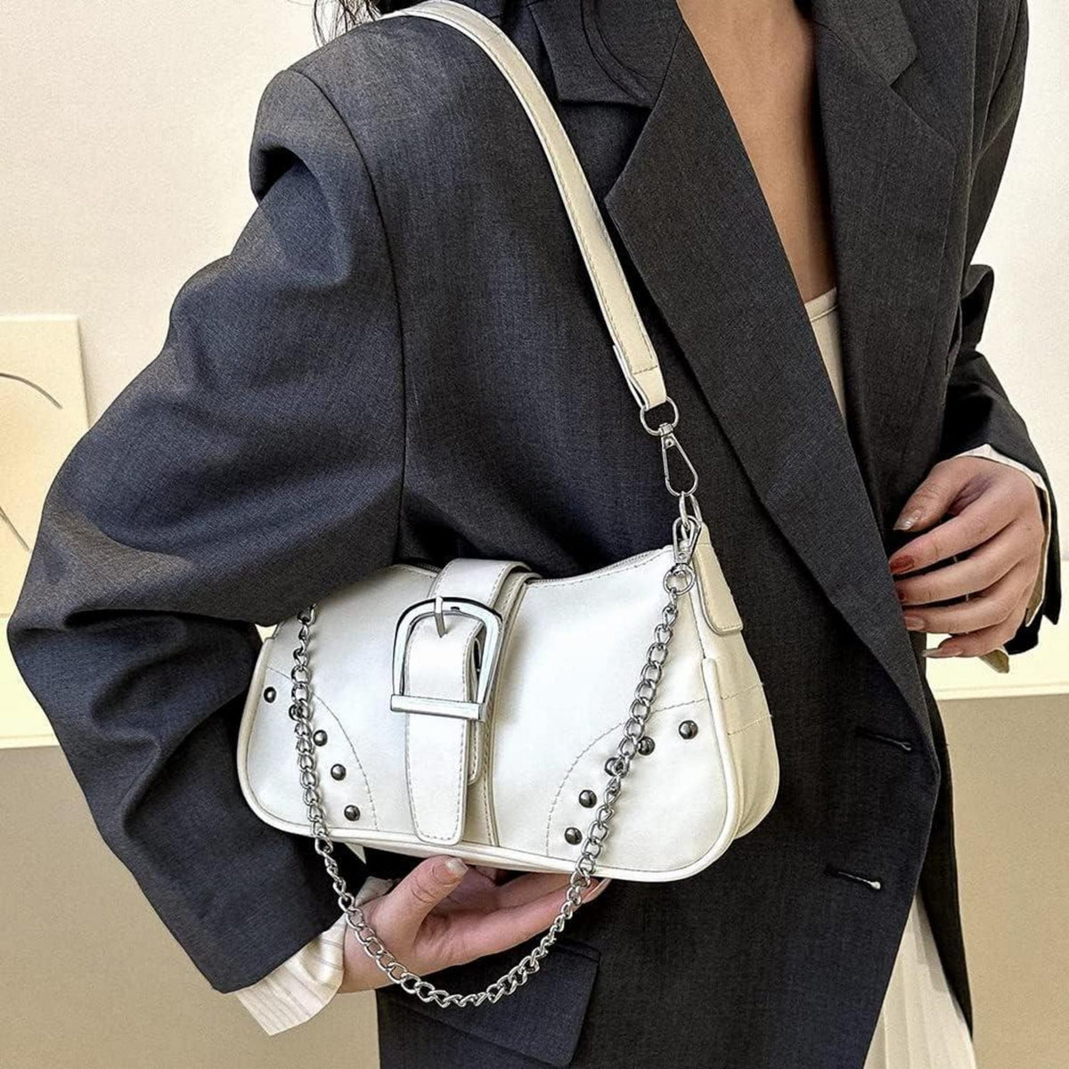 Umhängetasche Damen Klein Hobo Vintage Y2k Schultertasche A-weiß in Lederoptik