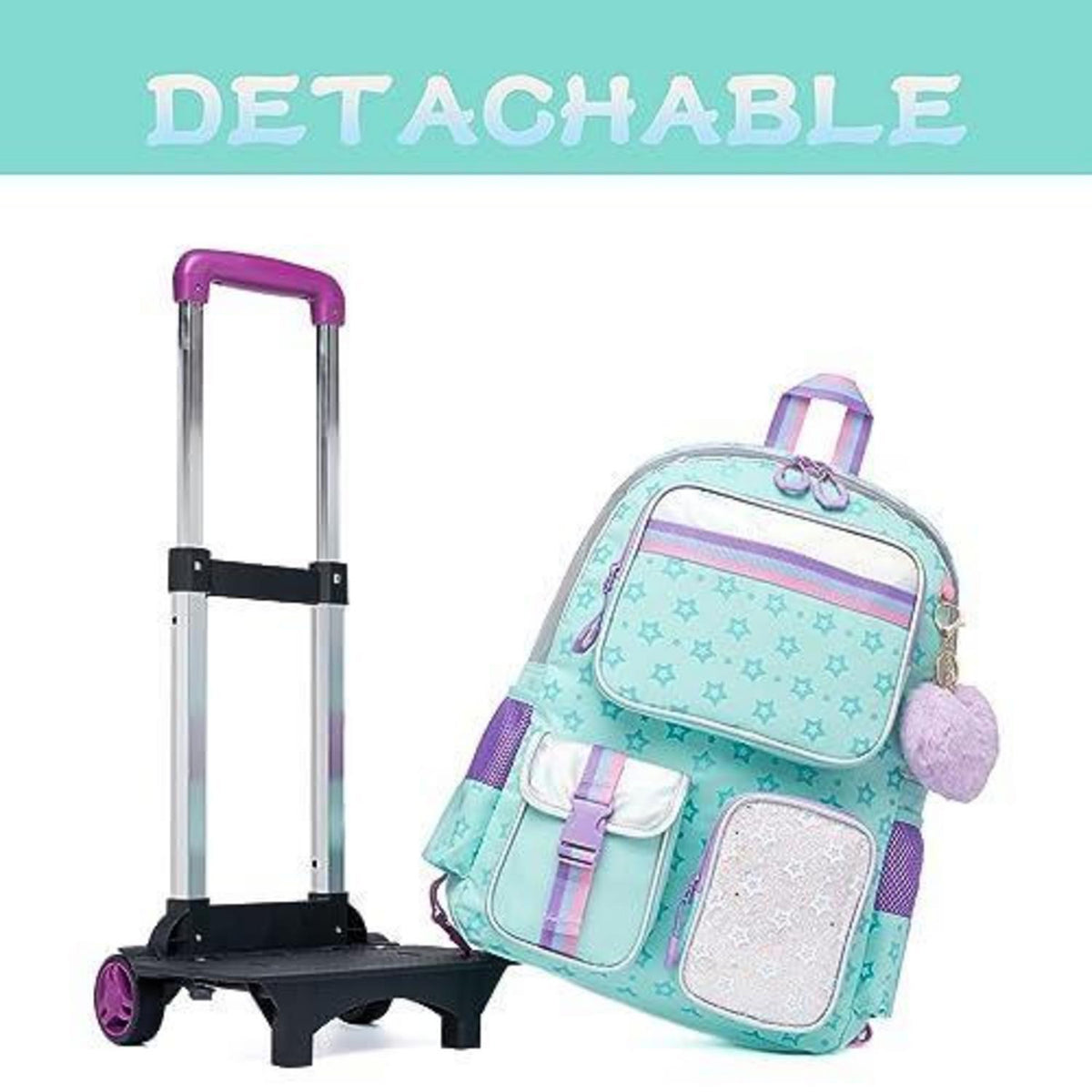 Kinder Trolley Rucksack mit Rädern – Schulranzen Mädchen Grün Pentagramm
