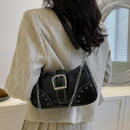 Umhängetasche Damen Klein Handtasche Leder Vintage Y2k Schultertasche Schwarz
