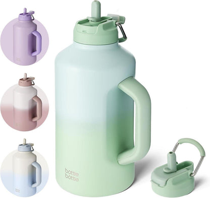 Isolierte Edelstahl Wasserflasche mit Strohhalm & doppeltem Deckel 1,8
