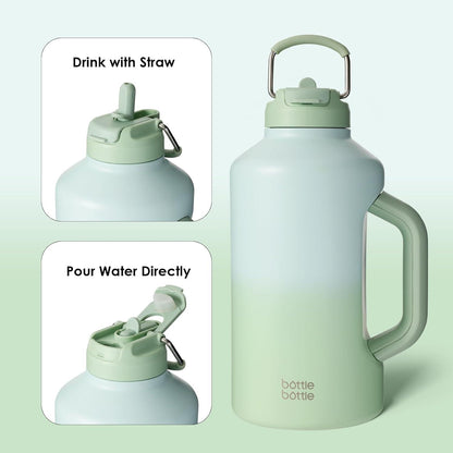Isolierte Wasserflasche 1,8 l mit Strohhalm und doppeltem Deckel, Edelstahl