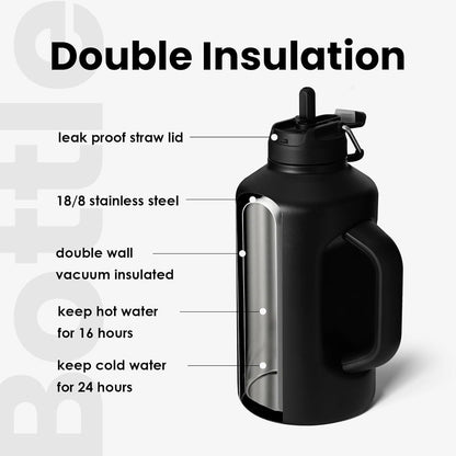 Isolierte Wasserflasche mit Strohhalm, doppeltem Deckel, 1,8 l, Schwarz