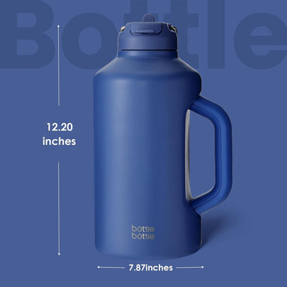 Isolierte Wasserflasche mit Strohhalm, doppeltem Deckel, Sport-Edelstahl, Blau
