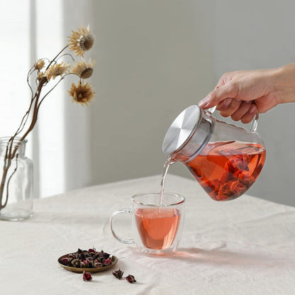 Glas Teekanne mit Edelstahl-Filterdeckel 600ml Herdfester Teebereiter