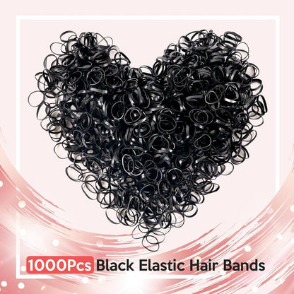 1000 Stück Mini Haargummis Schwarz +Entferner & Flechthilfe