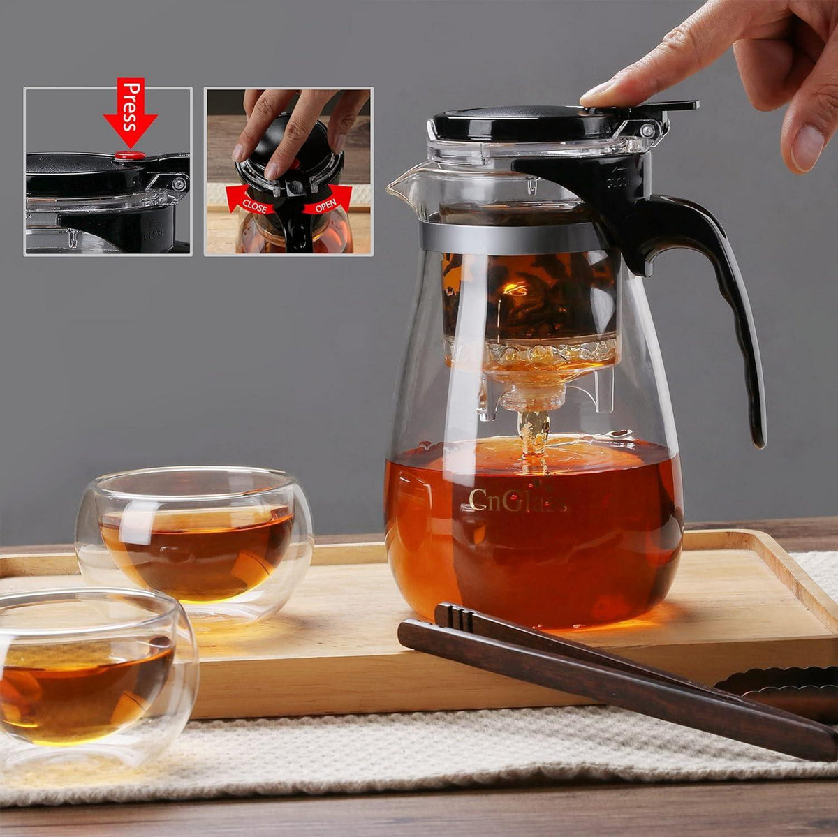 CNGLASS-Glas Teekanne mit herausnehmbarem Sieb, 900ml klarer Teekessel zum Filtern - Teesuppe, losen Blattes, blühendem Tee