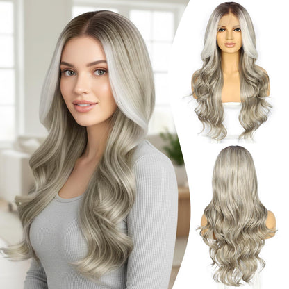 Graue Körperwelle Lace Front Perücke Synthetisch 26 Zoll