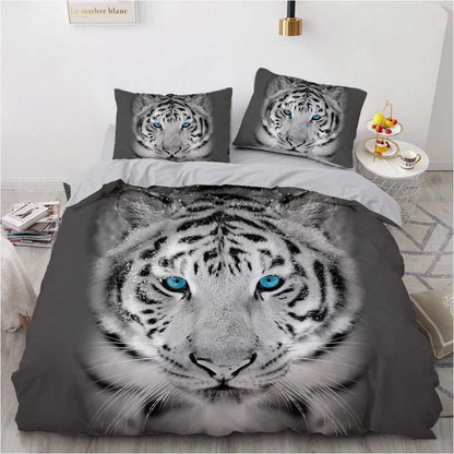 Tiger Bettwäsche 135x200 - 4teilig, Weiß Grau, 3D Tiermotiv