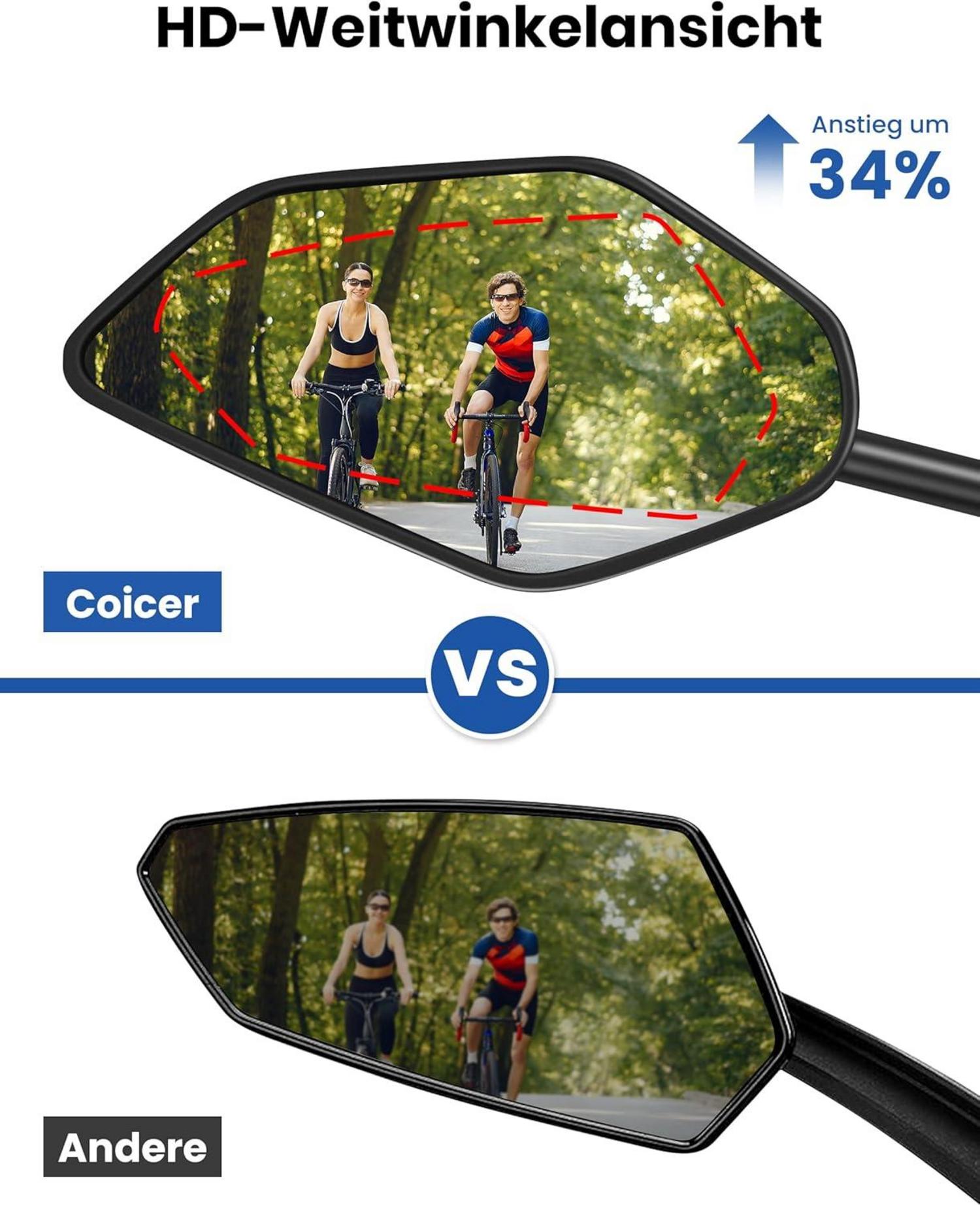 Coicer Fahrradspiegel extra große Spiegelfläche schlagfestes Echtglas für Lenker e-bike Mirror Accessories