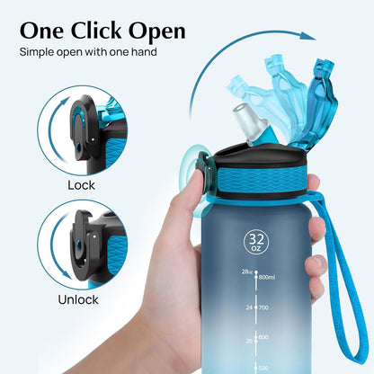 EYQ 1L Trinkflasche mit Strohhalm und Zeitmarkierung BPA-frei dunkelblau