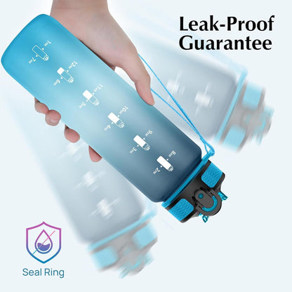 1L Trinkflasche mit Strohhalm Zeitmarkierung BPA-Frei Blau