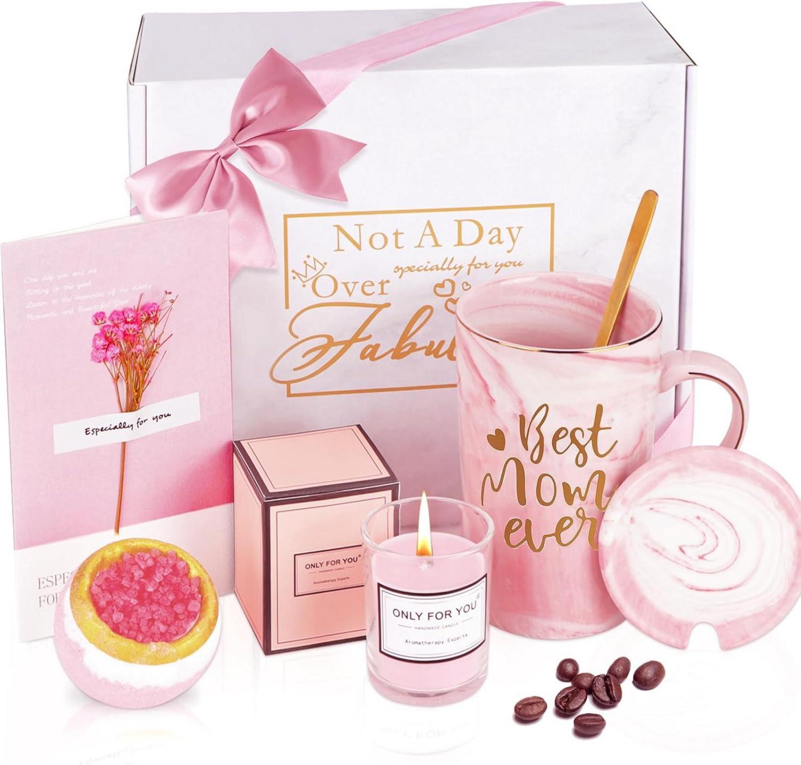 Geschenkset für Mama: Rosa Keramik Tasse mit Aufdruck & Duftkerze