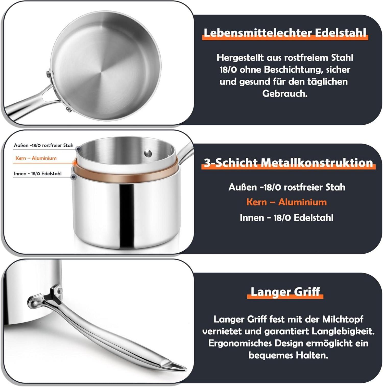 Stielkasserolle 16 cm Edelstahl Milchtopf mit Deckel Induktion