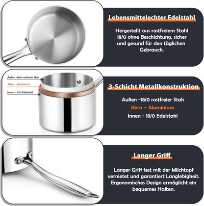 Stielkasserolle 16 cm Edelstahl Milchtopf mit Deckel Induktion