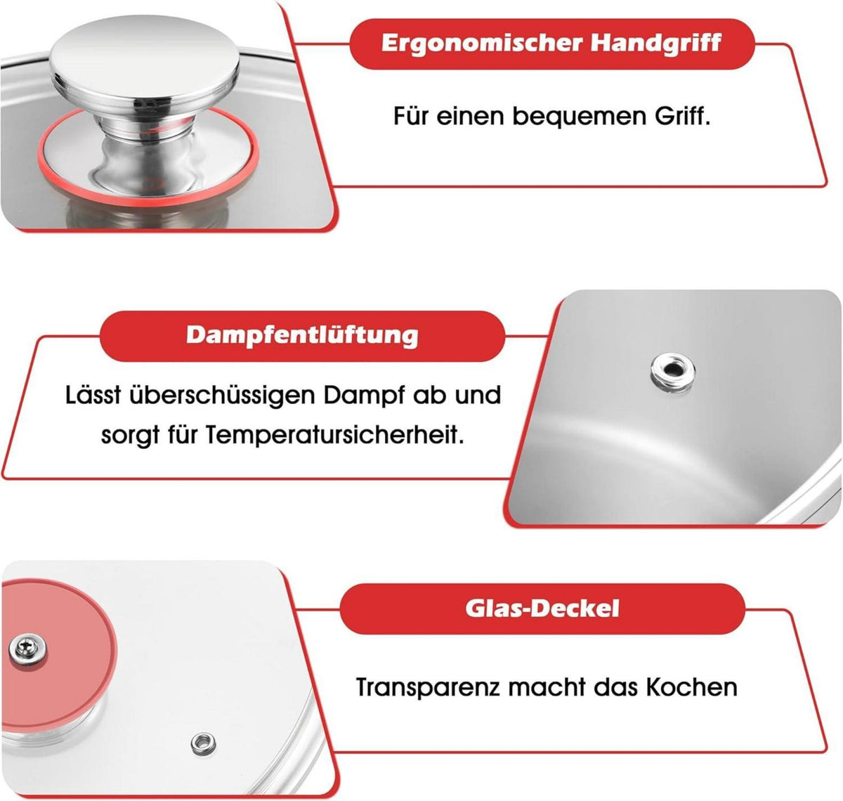 Kochtopf Edelstahl Induktion Ø 22cm Glasdeckel 5L Unbeschichtet