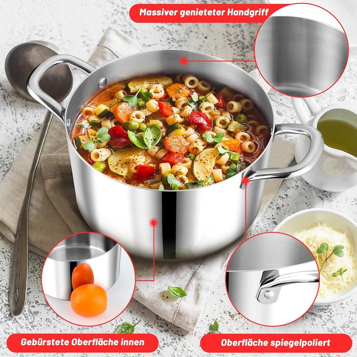 Herogo Edelstahl Kochtopf mit Glasdeckel Ø 24 cm 5,6 L - Induktion geeignet