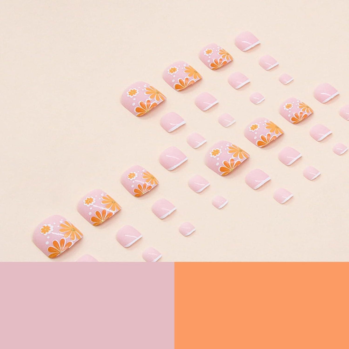 24 Stück Künstliche Zehennägel Französische Quadratische Fußnägel Gelb Blumen Acryl Stick auf Nägeln