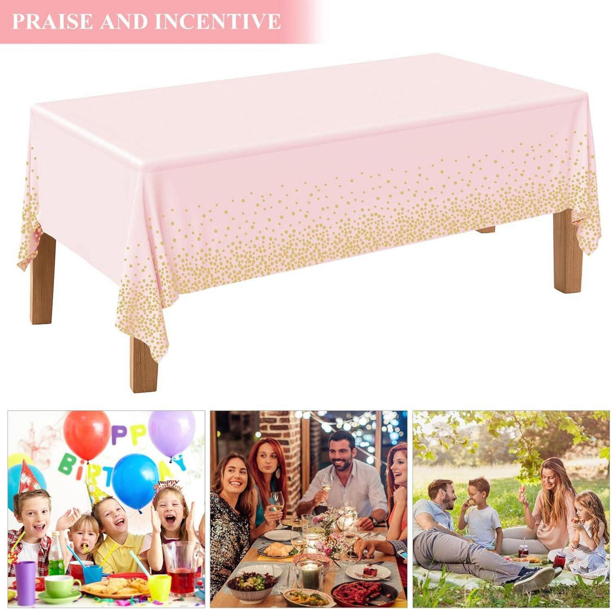 NEBURORA Blassrosa Party Tischdecke 137 x 274 cm Goldene Punkte Einweg