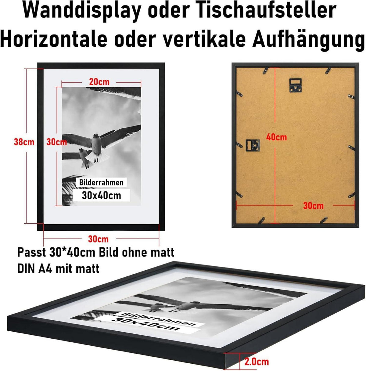 Kollyseek Bilderrahmen 30x40cm Echtglas Holzrahmen schwarz