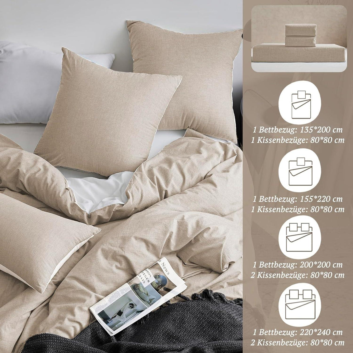 SOULFUL Bettwäsche Set 220x240 Baumwolle Aprikose Stone Washed 3tlg
