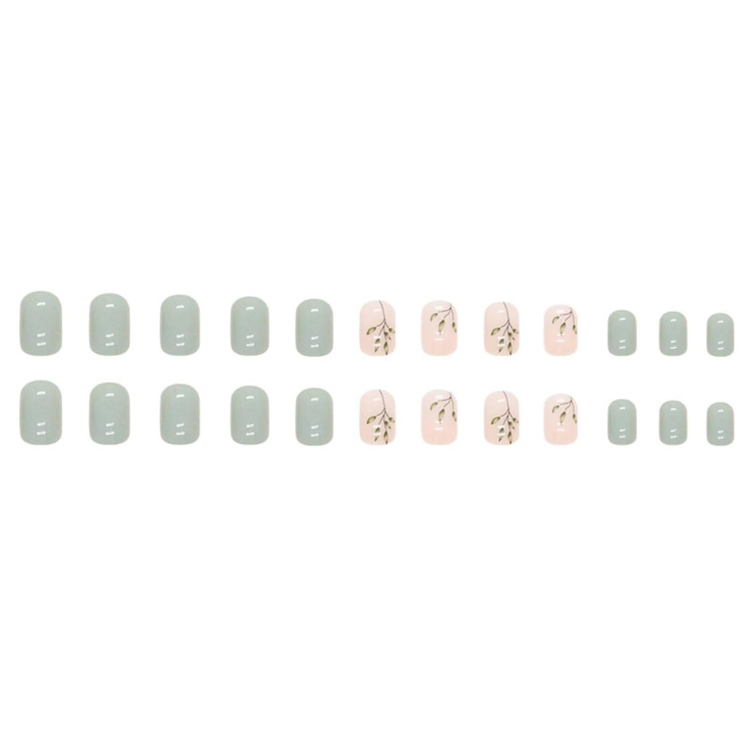 24 Stück Olive Eckig Nägel Zum Aufkleben Kurz mit Leaves Muster, Grün French Nails