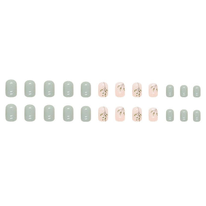 24 Stück Olive Eckig Nägel Zum Aufkleben Kurz mit Leaves Muster, Grün French Nails