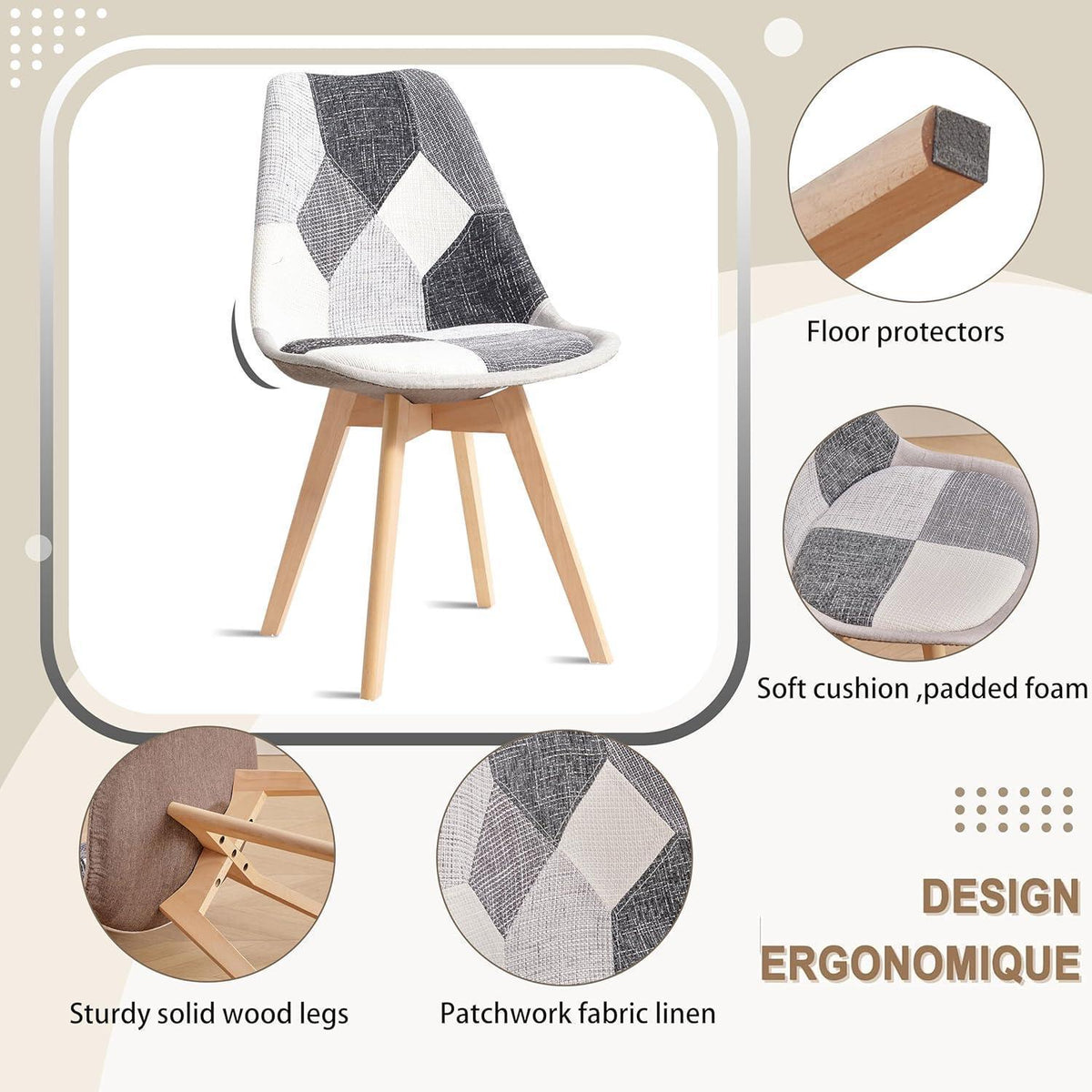 Patchwork Esszimmerstühle Set (6) Grau mit Sitzkissen