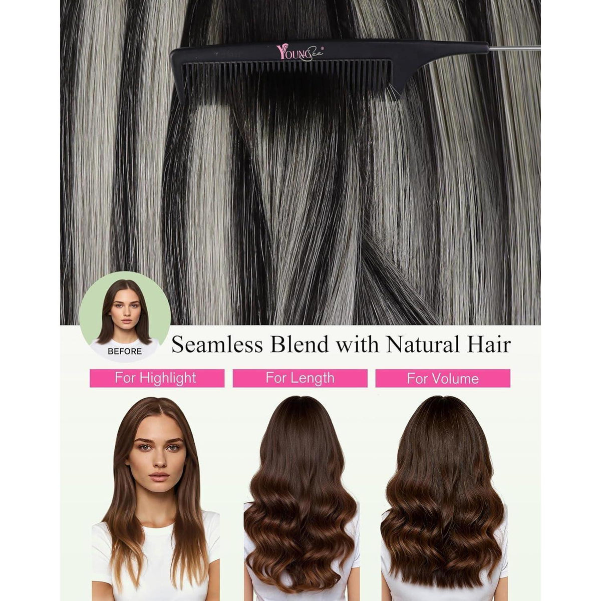Tape-In Haarverlängerung Ombre Schwarz Silber 55cm Echthaar