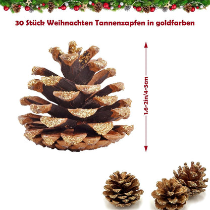 30er Set Goldglitzer Tannenzapfen 3-4cm für Weihnachtsdeko