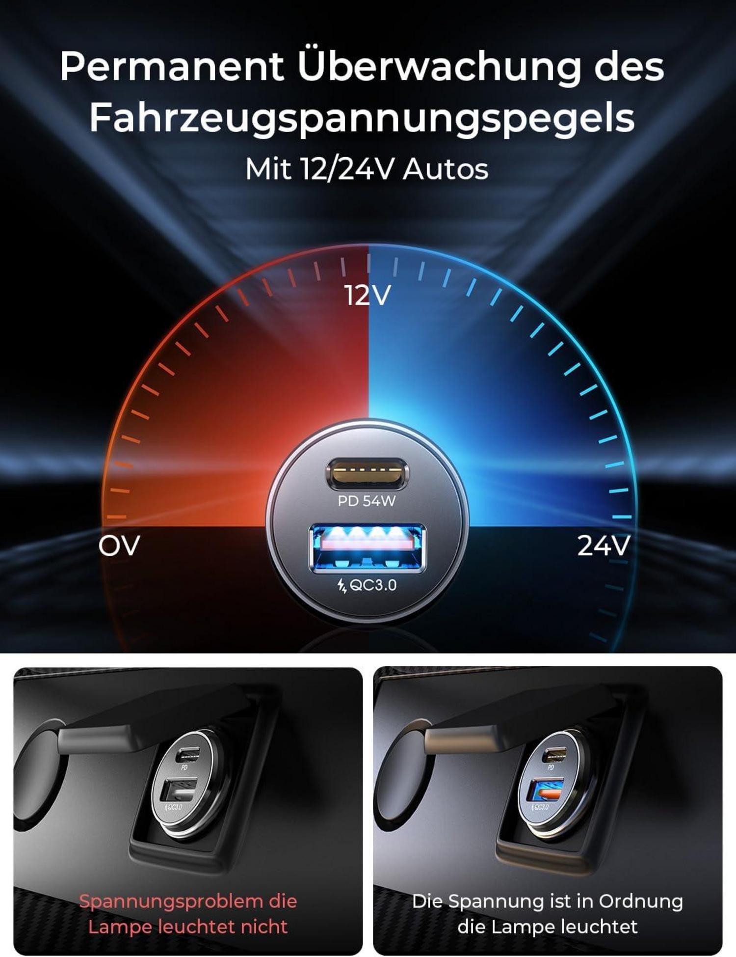Zigarettenanzünder USB C Adapter 54W 12V PD&QC3.0 Auto Ladegerät Schwarz