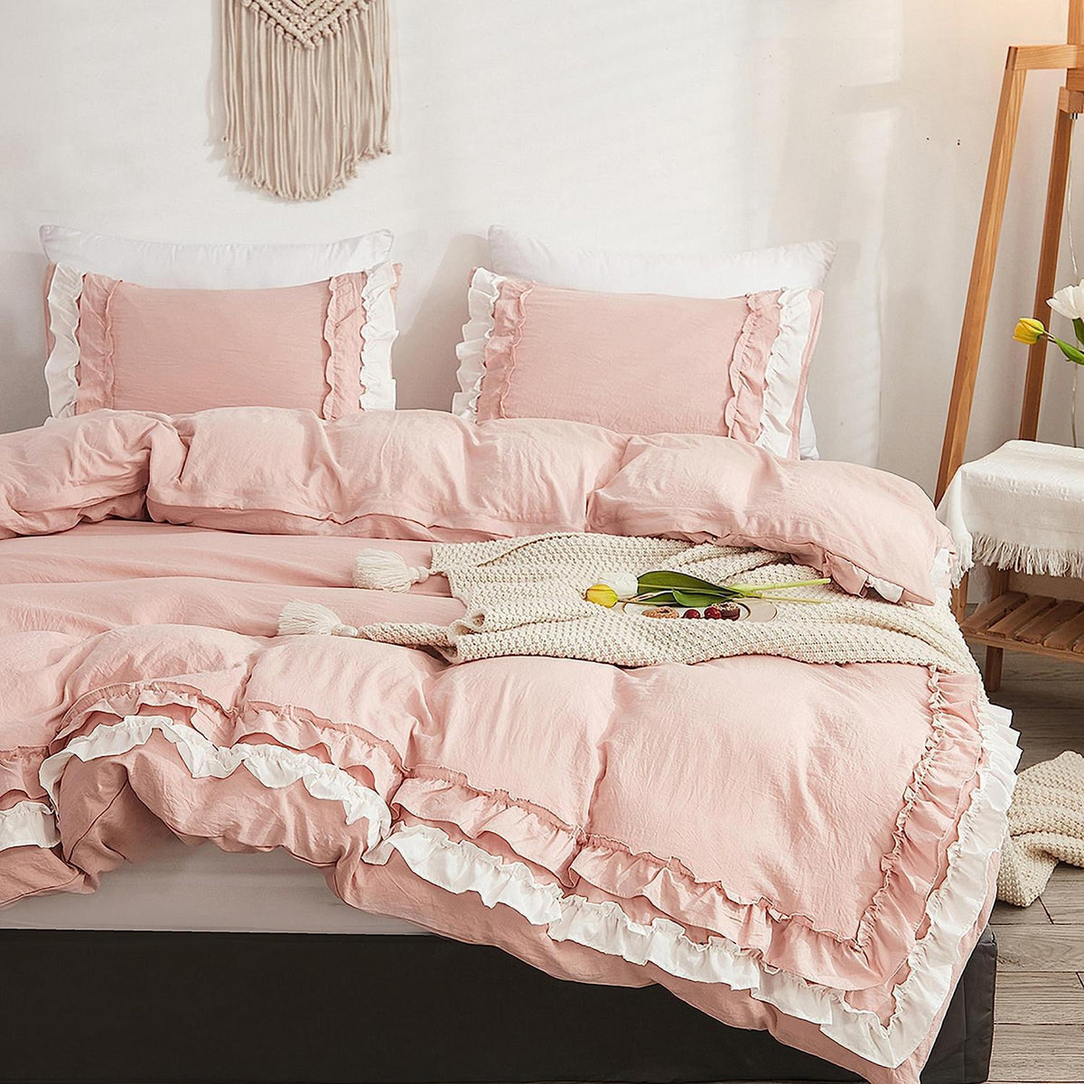 Weiches Rüschen Bettwäsche Set Rosa Weiß 155x220 + 80x80 cm