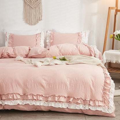 Weiches Rüschen Bettwäsche Set Rosa Weiß 155x220 + 80x80 cm