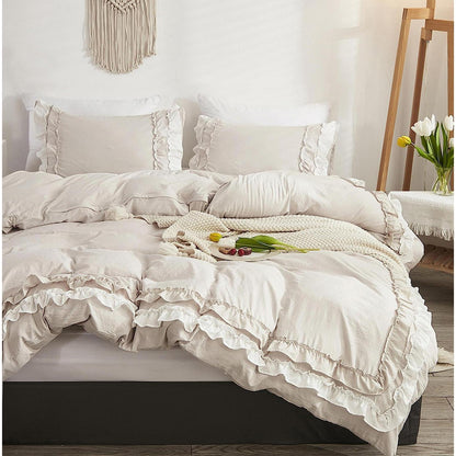 Rüschen Bettwäsche Set Beige 200x200 + 2x 80x80cm