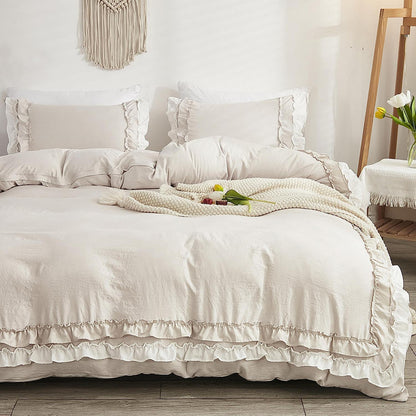 Rüschen Bettwäsche Set Beige 200x200 + 2x 80x80cm