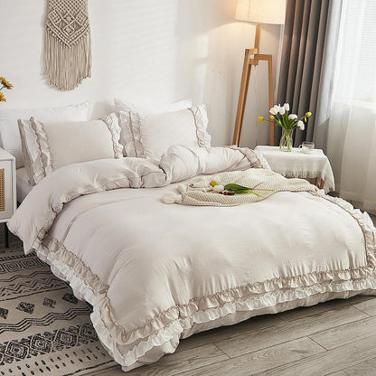 Rüschen Bettwäsche Set Beige 200x200 + 2x 80x80cm