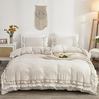Rüschen Bettwäsche Set Beige 200x200 + 2x 80x80cm