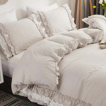 Rüschen Bettwäsche Set Beige 200x200 + 2x 80x80cm