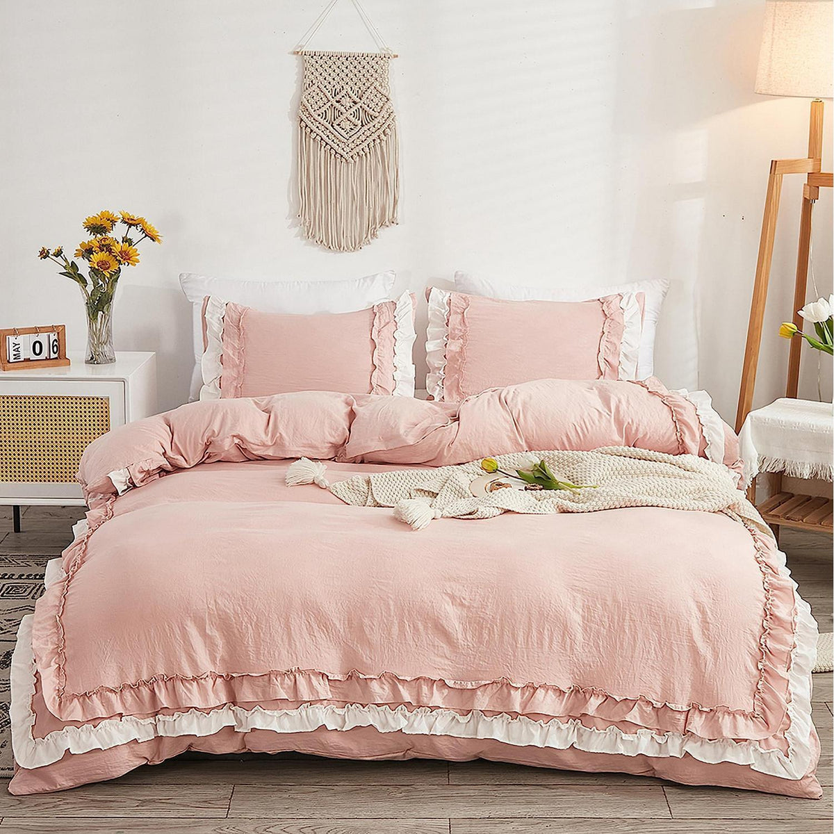 Rosa Bettwäsche 135x200 - 4tlg. Rüschen Bettbezug Set für Mädchen