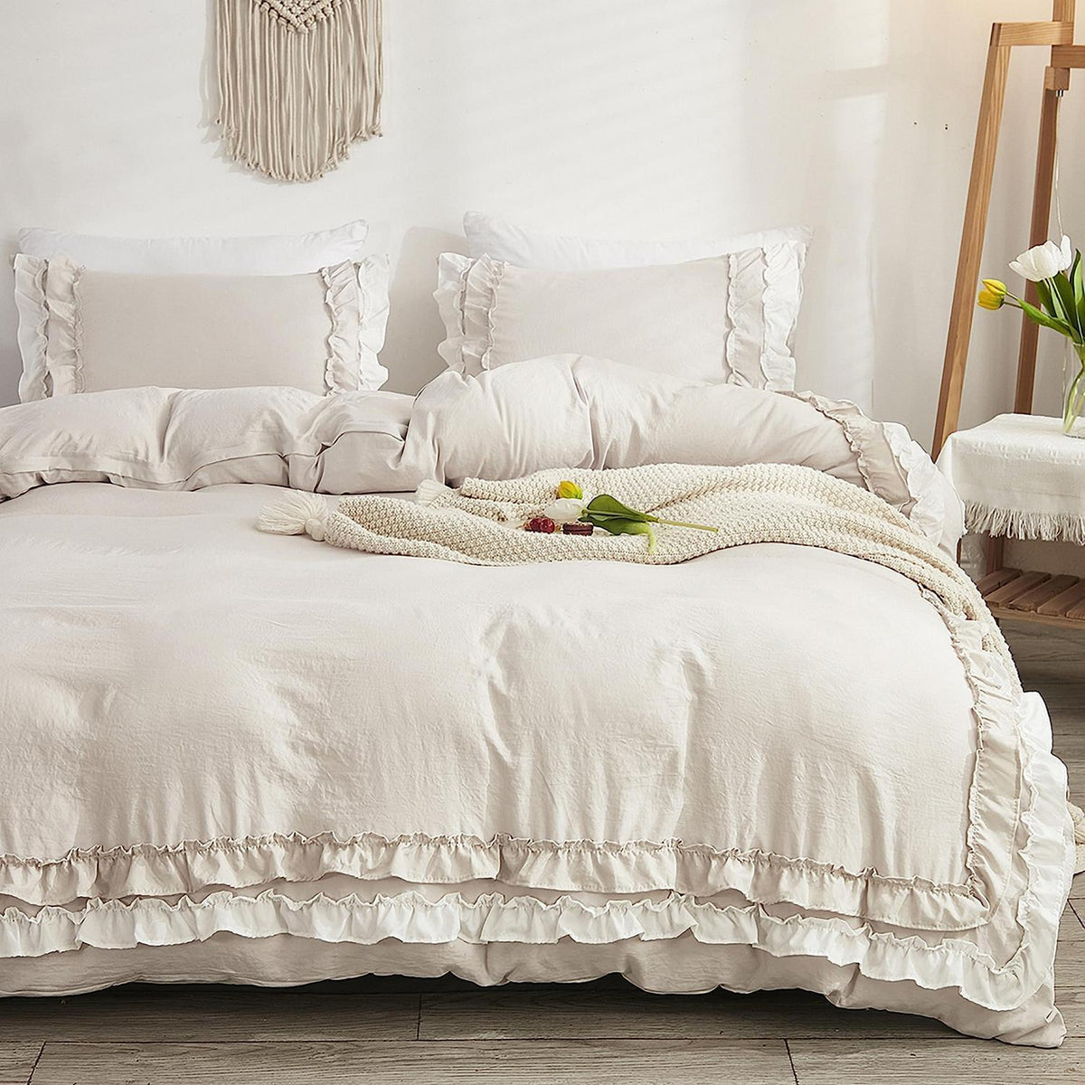 Bettwäsche-Set 135x200 Rüschen Mikrofaser 4-teilig Beige