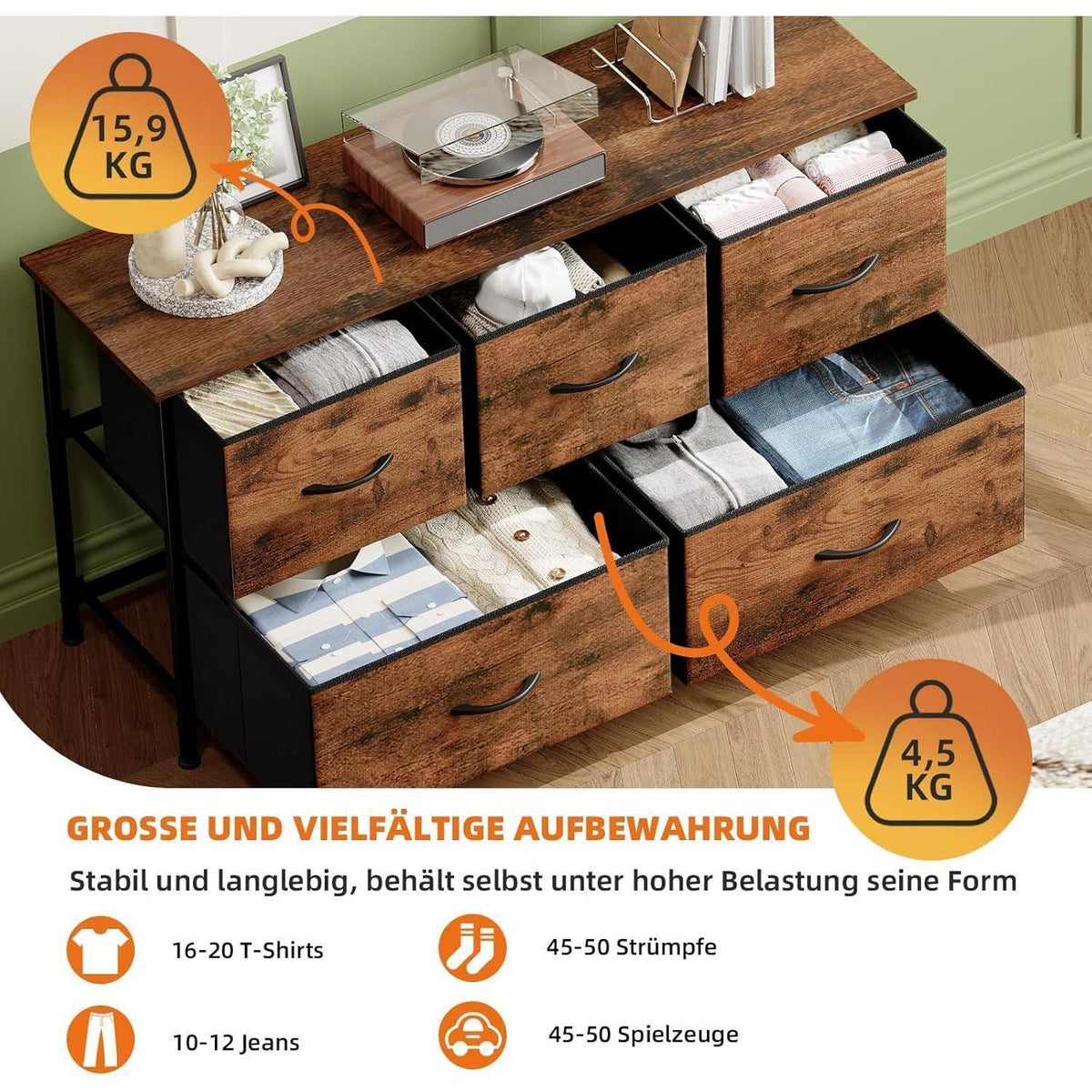 Kommode mit 5 Stoffschubladen – Schlafzimmer Organizer